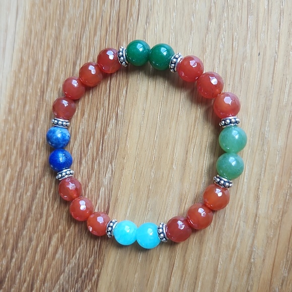 Hand Crafted Jewelry - Orange Carnelian, Amazonite & Green Jade Beads Bracelet, Stretch, Handcrafted